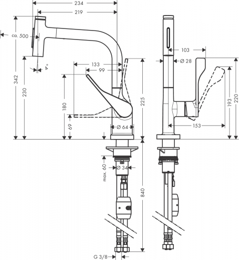 AXOR Kchenarmatur Citterio Select Chrom Einhebelmischer 230 mit Zugauslauf als Ausziehbrause und Select-Knopf 2jet (39863000)