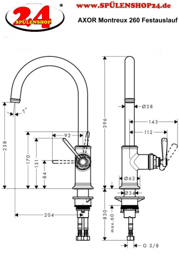 AXOR Kchenarmatur Montreux Brushed Nickel PVD Einhebelmischer 260 mit Festauslauf Schwenkbereich einstellbar (16580820)