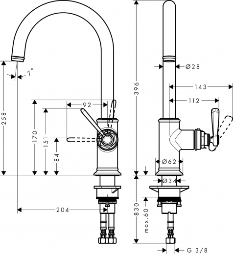 AXOR Kchenarmatur Montreux Brushed Nickel PVD Einhebelmischer 260 mit Festauslauf Schwenkbereich einstellbar (16580820)