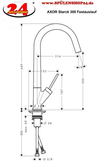 AXOR Kchenarmatur Starck Brushed Bronze PVD Einhebelmischer 300 mit Festauslauf und Joystick-Bedienung Schwenkbereich einstellbar (10822140)