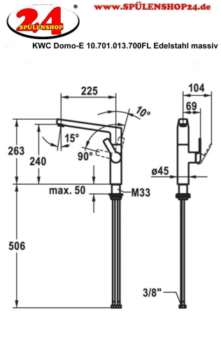 KWC Kchenarmatur Domo E 10.701.013.700FL Einhebelmischer Edelstahl massiv mit Festauslauf
