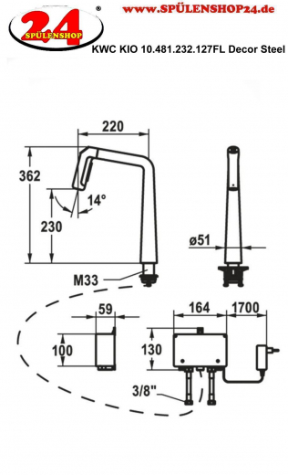 KWC Kchenarmatur Kio 10.481.232.127FL IntelligentControl - Elektronische Steuerung Decor Steel mit Zugauslauf und Brausefunktion