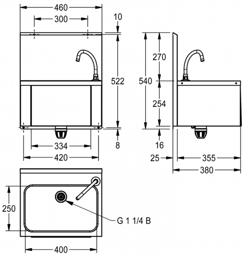 KWC PROFESSIONAL Anima Einzelwaschtisch LLM126 fr Wandmontage fugenlos eingeschweites Becken ohne berlauf mit Knie- oder Hftbettigung