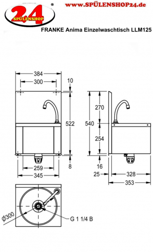 KWC PROFESSIONAL Anima Einzelwaschtisch LLM125 fr Wandmontage fugenlos eingeschweites Rundbecken ohne berlauf mit Knie- oder Hftbettigung