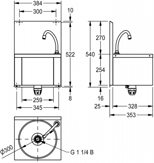 KWC PROFESSIONAL Anima Einzelwaschtisch LLM125 fr Wandmontage fugenlos eingeschweites Rundbecken ohne berlauf mit Knie- oder Hftbettigung