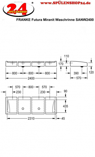 KWC PROFESSIONAL Futura exklusiv Waschrinne SANW2400 MIRANIT fr Wandmontage oder freistehende doppelreihige Montage (2400mm)