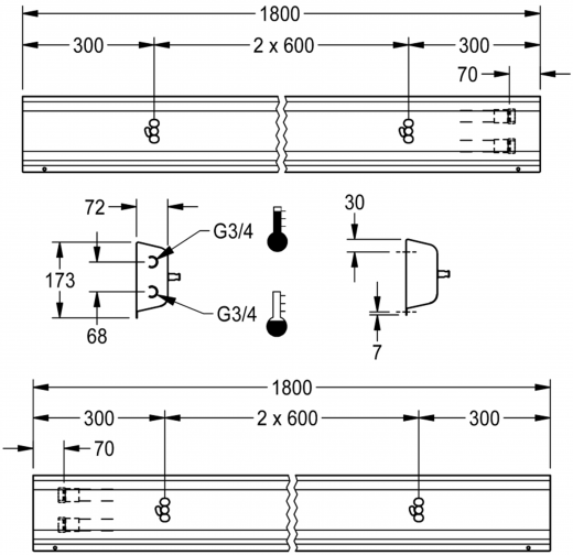 KWC PROFESSIONAL Armatureneinheit AQFU0217 fr die Wandmontage fr 3 Waschpltze Breite Waschplatz 600mm (Lnge 1800mm)