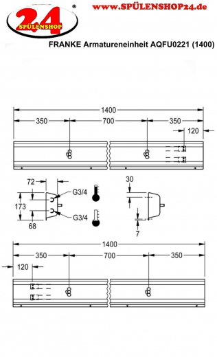 KWC PROFESSIONAL Armatureneinheit AQFU0221 fr die Wandmontage fr 2 Waschpltze Breite Waschplatz 700mm (Lnge 1400mm)