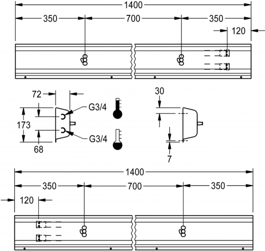 KWC PROFESSIONAL Armatureneinheit AQFU0221 fr die Wandmontage fr 2 Waschpltze Breite Waschplatz 700mm (Lnge 1400mm)