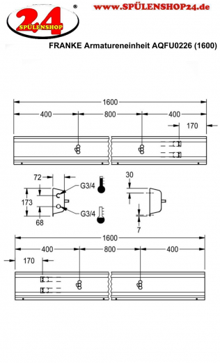 KWC PROFESSIONAL Armatureneinheit AQFU0226 fr die Wandmontage fr 2 Waschpltze Breite Waschplatz 800mm (Lnge 1600mm)