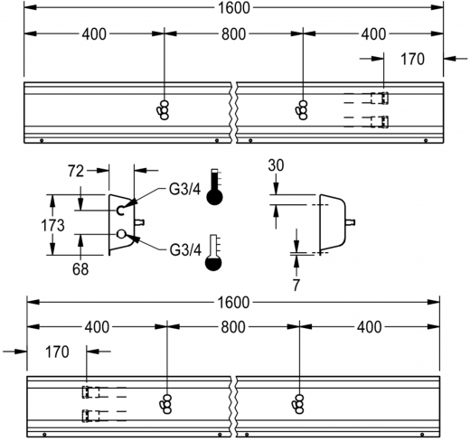 KWC PROFESSIONAL Armatureneinheit AQFU0226 fr die Wandmontage fr 2 Waschpltze Breite Waschplatz 800mm (Lnge 1600mm)