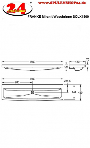 KWC PROFESSIONAL MIRANIT Waschrinne SOLX1800 fr Wandmontage ohne Armaturenbohrung fr 3 Waschpltze (1800mm)