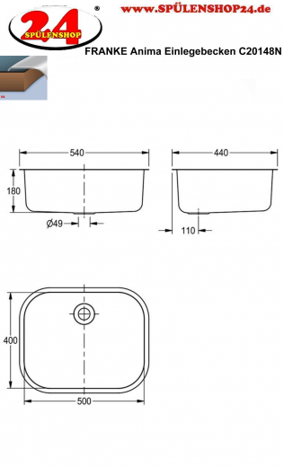 KWC PROFESSIONAL Anima Einlegebecken C20148N Einbaubecken als Mehrzweck- oder Ausgussbecken (Beckentiefe 180mm)