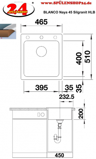 BLANCO Kchensple Naya 45 Silgranit PuraDurII Granitsple / Einbausple mit Handbettigung