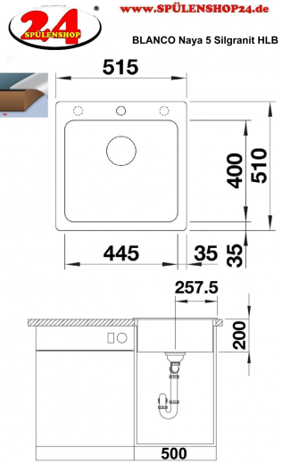 BLANCO Kchensple Naya 5 Silgranit PuraDurII Granitsple / Einbausple mit Handbettigung