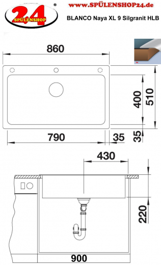 BLANCO Kchensple Naya XL 9 Silgranit PuraDurII Granitsple / Einbausple mit Handbettigung