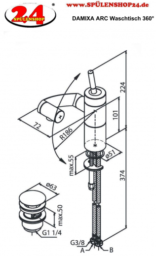 DAMIXA Waschtischarmatur ARC Chrom Badarmatur Einhebelmischer 360 Drehung der 3 Achsen inkl. Ablaufgarnitur mit Klick-Funktion