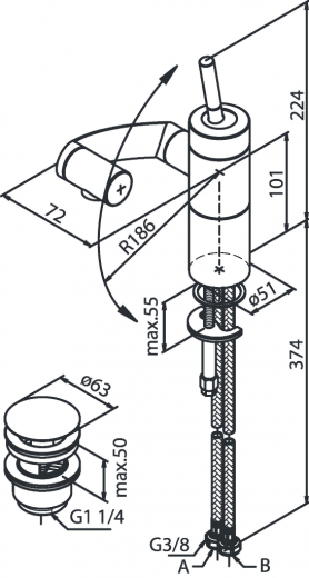 DAMIXA Waschtischarmatur ARC Chrom Badarmatur Einhebelmischer 360 Drehung der 3 Achsen inkl. Ablaufgarnitur mit Klick-Funktion