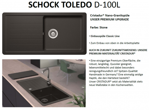 SCHOCK Kchensple Toledo D-100L Cristadur Nano-Granitsple / Einbausple mit Drehexcenter