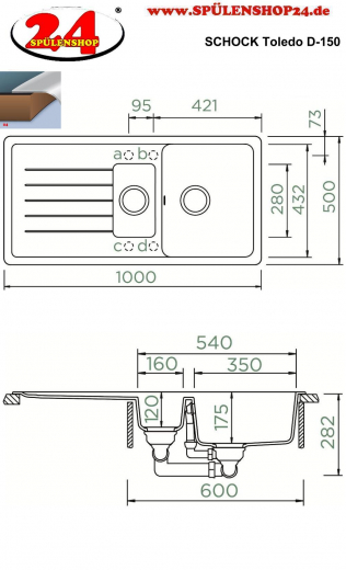 x SCHOCK Kchensple Toledo D-150 Cristadur Nano-Granitsple / Einbausple mit Drehexcenter