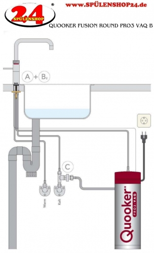 QUOOKER FUSION Round VAQ PRO3 Einhebelmischer Kupfer Rose' PVD & 100C Armatur Kochendwasserhahn (3FRRCO)