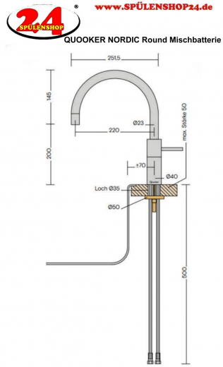 QUOOKER NORDIC Round Kchenarmatur Voll Edelstahl Einhebelmischer / Spltischarmatur mit Festauslauf 360 schwenkbarer Auslauf