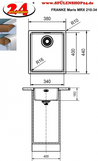 FRANKE Kchensple Maris MRX 210-34 Edelstahlsple Slimtop / Flchenbndig mit Siebkorb als Stopfenventil