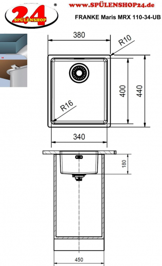 FRANKE Kchensple Maris MRX 110-34 Unterbausple (Montage unter die Arbeitsplatte) mit Siebkorb als Stopfenventil