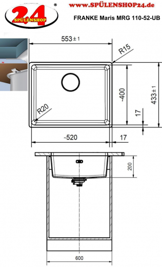 FRANKE Kchensple Maris MRG 110-52 Fragranit+ Granitsple Unterbau (Montage unter die Arbeitsplatte) mit Siebkorb als Stopfenventil