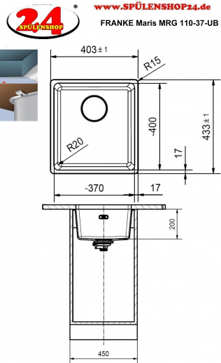 FRANKE Kchensple Maris MRG 110-37 Fragranit+ Granitsple Unterbau (Montage unter die Arbeitsplatte) mit Siebkorb als Stopfenventil