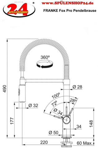 FRANKE Kchenarmatur Fox Pro Einhebelmischer Chrom mit Pendelbrause umstellbar 360 schwenkbarer Auslauf