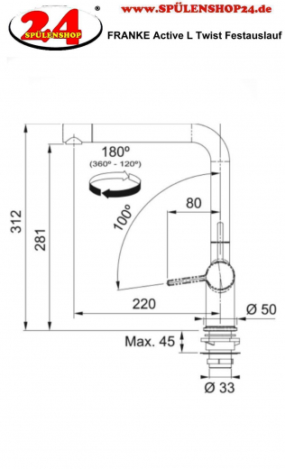 FRANKE Kchenarmatur Active L Twist Einhebelmischer Edelstahloptik mit Festauslauf und integrierter Ablauffernbedienung