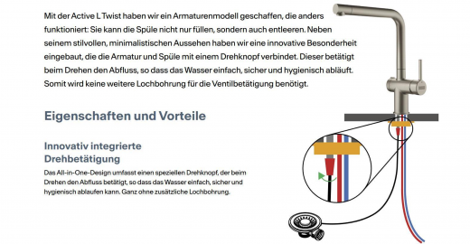 FRANKE Kchenarmatur Active L Twist Einhebelmischer Edelstahloptik mit Festauslauf und integrierter Ablauffernbedienung