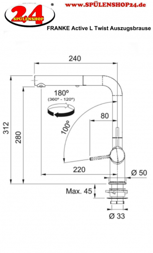 FRANKE Kchenarmatur Active L Twist Einhebelmischer Edelstahloptik mit Zugauslauf und integrierter Ablauffernbedienung