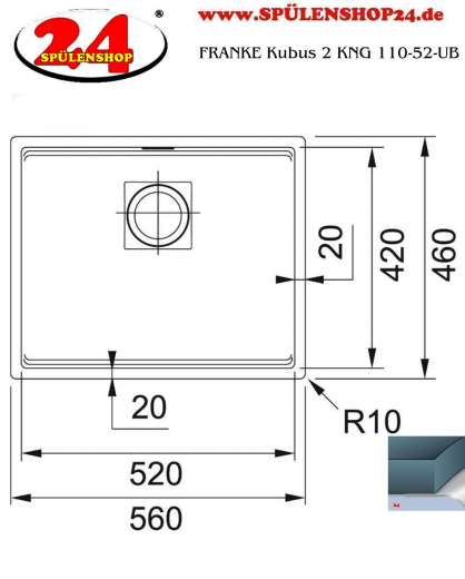 FRANKE Kchensple Kubus 2 KNG 110-52-UB Fragranit+ Granitsple Unterbau (Montage unter die Arbeitsplatte) Drehknopfventil