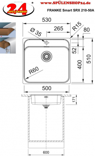 FRANKE Kchensple Smart SRX 210-50 A Edelstahlsple Slimtop / Flchenbndig mit Hahnlochbank und Siebkorb als Drehknopfventil