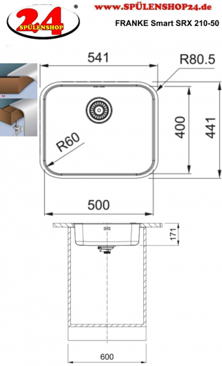 FRANKE Kchensple Smart SRX 210-50 Edelstahlsple Slimtop / Flchenbndig mit Siebkorb als Stopfenventil