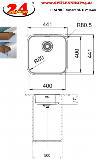 FRANKE Kchensple Smart SRX 210-40 Edelstahlsple Slimtop / Flchenbndig mit Siebkorb als Stopfenventil