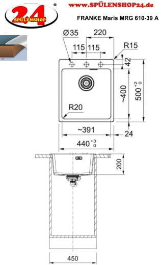 FRANKE Kchensple Maris MRG 610-39 A HLB Fragranit+ Granitsple / Einbausple mit Siebkorb als Stopfenventil