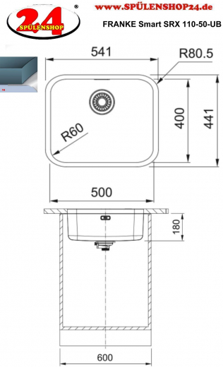 FRANKE Kchensple Smart SRX 110-50 Unterbausple (Montage unter die Arbeitsplatte) mit Siebkorb als Drehknopfventilventil