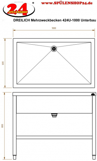 DREILICH Arbeits-/ Mehrzweckbecken 424U-1000 mit Untergestell gekantetes und geschweites Becken Lnge 1000mm (3504180017)