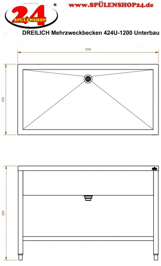 DREILICH Arbeits-/ Mehrzweckbecken 424U-1200 mit Untergestell gekantetes und geschweites Becken Lnge 1200mm (3504180018)