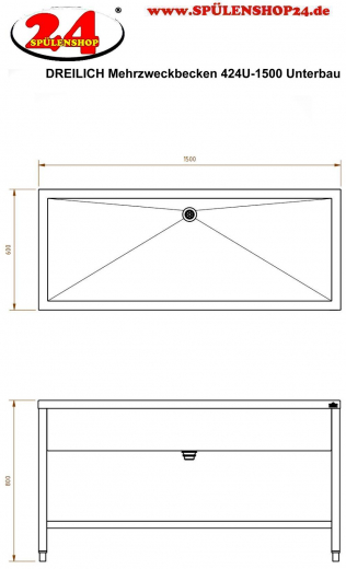 DREILICH Arbeits-/ Mehrzweckbecken 424U-1500 mit Untergestell gekantetes und geschweites Becken Lnge 1500mm (3504180019)