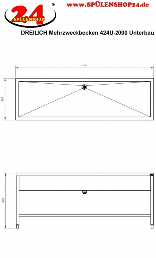 DREILICH Arbeits-/ Mehrzweckbecken 424U-2000 mit Untergestell gekantetes und geschweites Becken Lnge 2000mm (3504180020)