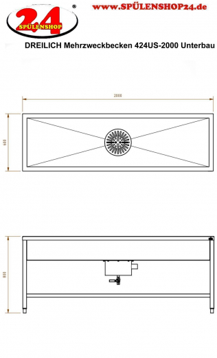 DREILICH Arbeits-/ Mehrzweckbecken 424US-2000 Schlammfangbecken mit Untergestell Lnge 2000mm (3504180057)