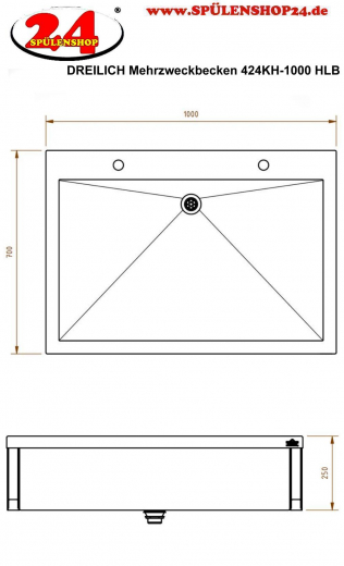 DREILICH Arbeits-/ Mehrzweckbecken 424KH-1000 mit Hahnlochbank wandhngend gekantetes und geschweites Becken Lnge 1000mm (3504180082)