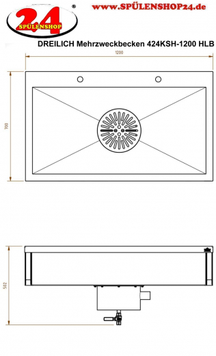 DREILICH Arbeits-/ Mehrzweckbecken 424KSH-1200 wandhngend als Werkraum-/ Schlammfangbecken mit Hahnlochbank Becken Lnge 1200mm (3504180091)