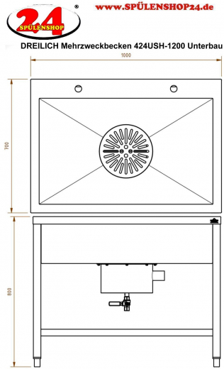 DREILICH Arbeits-/ Mehrzweckbecken 424USH-1000 Schlammfangbecken mit Untergestell und Hahnlochbank Lnge 1000mm (3504180094)