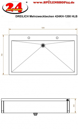 DREILICH Arbeits-/ Mehrzweckbecken 424KH-1200 mit Hahnlochbank wandhngend gekantetes und geschweites Becken Lnge 1200mm (3504180083)