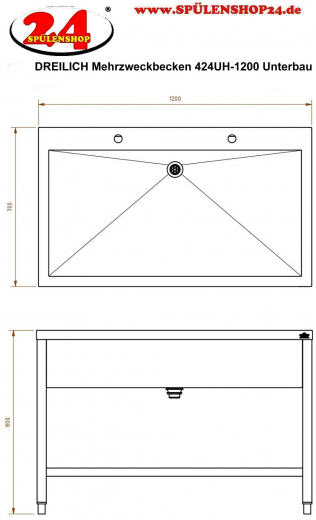 DREILICH Arbeits-/ Mehrzweckbecken 424UH-1200 mit Untergestell und Hahnlochbank Lnge 1200mm (3504180087)